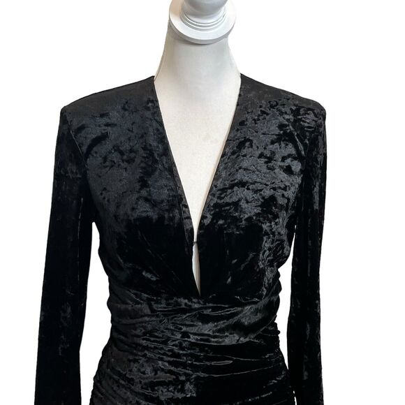 ZARA Velvet Mini Dress Women’s Size XS Black V-Neck Ruched Sheath Shoulder Pads - Picture 3 of 13